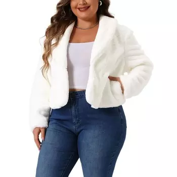 Куртка больших размеров для женщин, зимнее укороченное пушистое пальто с лацканами и длинными рукавами из искусственного меха Agnes Orinda, белый