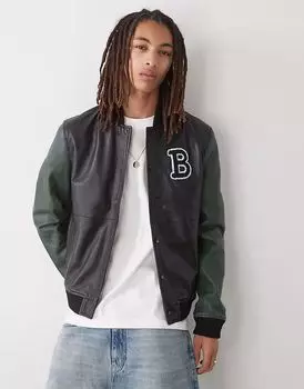 Куртка-бомбер Barneys Originals из натуральной кожи черного и зеленого цветов