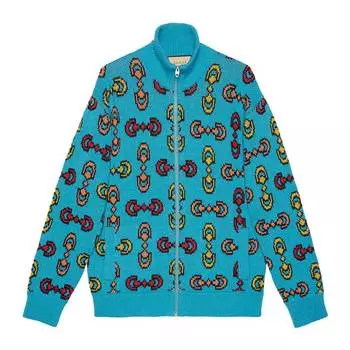 Куртка-бомбер Gucci Horsebit Jacquard Wool Knit, голубой