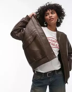 Куртка-бомбер из искусственной кожи большого размера с подкладкой из искусственного меха коричневого цвета Topshop