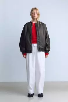 Куртка-бомбер из искусственной кожи с потертостными отделками ZARA, серый/бежевый