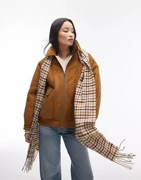 Куртка-бомбер из искусственной замши Borg коричневого цвета Topshop