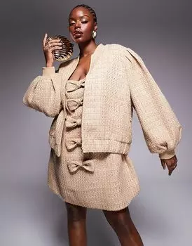 Куртка-бомбер из ткани букле с отделкой Curve в золотом цвете ASOS LUXE