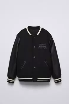 Куртка-бомбер с эффектом контрастной кожи ZARA, черный