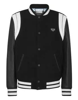 Куртка-бомбер с кожаными рукавами колледж PHILIPP PLEIN, черный