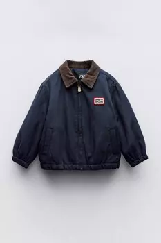 Куртка-бомбер с нашивкой и контрастным воротником ZARA, темно-синий