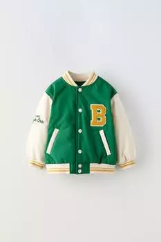 Куртка-бомбер с нашивкой на букве ZARA, зеленый/бежевый