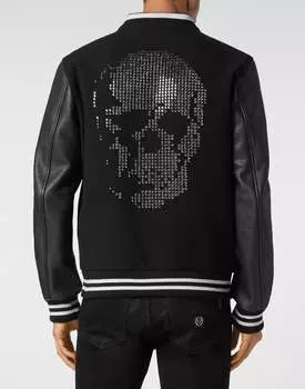Куртка-бомбер с рукавами из оленьей кожи и черепом со стразами PHILIPP PLEIN, черный