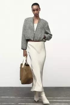 Куртка-бомбер с узором в елочку ZARA, экрю/черный