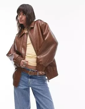 Куртка-бомбер свободного кроя из искусственной кожи коричневого цвета Topshop