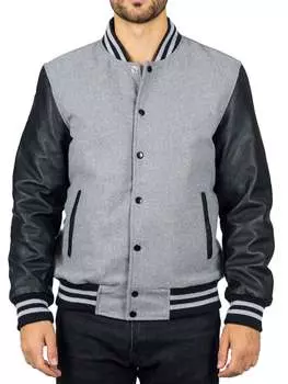 Куртка-бомбер в стиле «Varsity» из шерсти с рукавами из натуральной кожи и бейсбольным пальто для колледжа TruClothing, черный