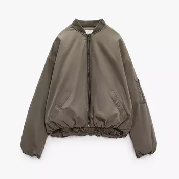 Куртка-бомбер Zara Oversize, серовато-коричневый
