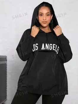 Куртка CURVE+ с капюшоном, застежкой-молнией, буквенным принтом, размер плюс размер, однотонный цвет, стильная и современная Shein, черный