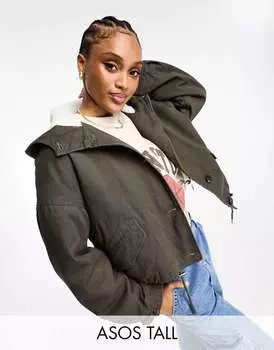 Куртка цвета хаки на подкладке борг с капюшоном ASOS DESIGN Tall