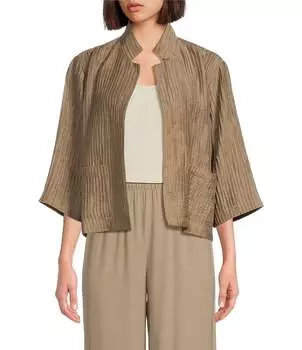 Куртка Eileen Fisher с открытым передом и воротником-стойкой с рукавами 3/4 и мерцающим жатым эффектом, бежевый