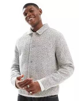 Куртка харрингтон из шерсти с нейтральным узором «ёлочка» ASOS DESIGN