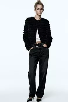 Куртка из бархата с бахромой ZARA, черный