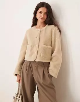 Куртка из искусственного меха без воротника кремового цвета ASOS DESIGN
