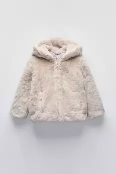 Куртка из искусственного меха с капюшоном ZARA, экрю