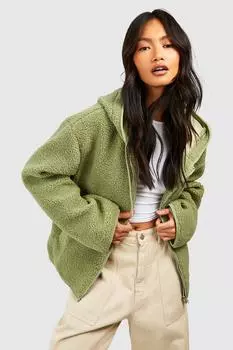 Куртка из искусственного меха Тедди с капюшоном boohoo, зеленый