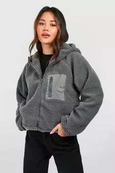 Куртка из искусственного меха Тедди с капюшоном boohoo, серый
