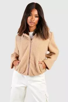 Куртка из искусственного меха Тедди с капюшоном boohoo, бежевый