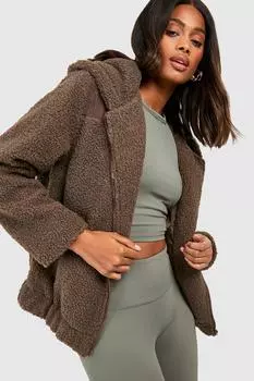 Куртка из искусственного меха Тедди с капюшоном boohoo, коричневый