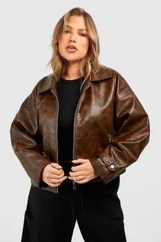 Куртка из искусственной кожи Plus в винтажном стиле boohoo, коричневый