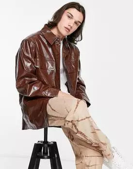 Куртка из искусственной кожи с коричневым тисненым змеиным принтом ASOS DESIGN