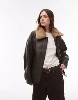 Куртка из искусственной кожи с пузырьками и съемным воротником «борг» коричневого цвета Topshop