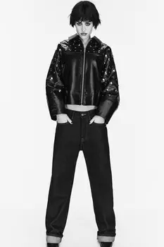Куртка из искусственной кожи с заклепками ZARA, черный