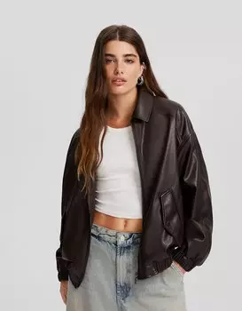 Куртка из искусственной кожи в стиле ретро Bershka, коричневый