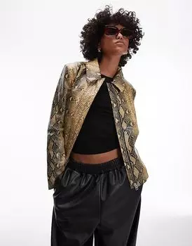 Куртка из искусственной кожи змеи с центральной молнией спереди желтого цвета Topshop