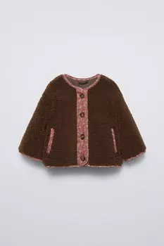 Куртка из искусственной овчины с цветочным узором ZARA, коричневый