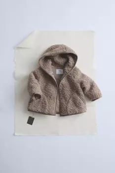 Куртка из искусственной овчины с капюшоном ZARA, коричневый/серо-коричневый