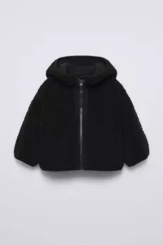 Куртка из искусственной овчины с капюшоном ZARA, черный