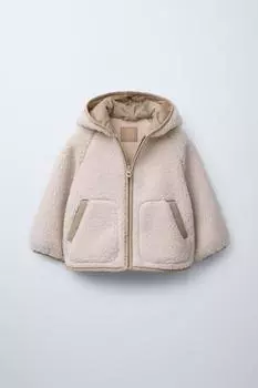 Куртка из искусственной овчины с капюшоном ZARA, экрю