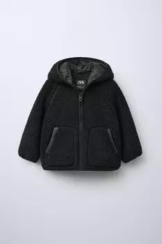 Куртка из искусственной овчины с капюшоном ZARA, черный