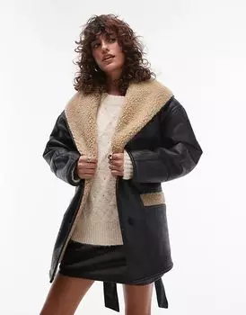 Куртка из искусственной овчины с поясом черного и кремового цветов Topshop