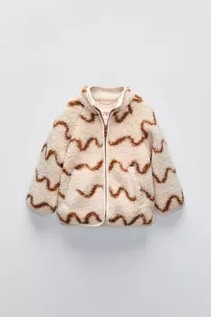 Куртка из искусственной овчины с принтом ZARA, экрю/коричневый