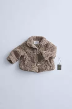 Куртка из искусственной овчины с застежками ZARA, коричневый/серо-коричневый