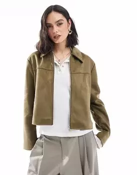 Куртка из искусственной замши ASOS DESIGN оливкового цвета с воротником