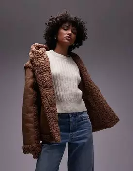 Куртка из искусственной замши с капюшоном в коричневом цвете Topshop