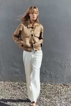 Куртка из искусственной замши с плетеными деталями ZARA, кэмел