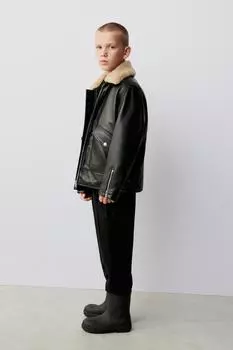 Куртка из кожи и искусственной дучи ZARA, черный