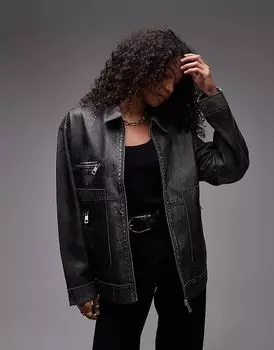 Куртка из натуральной кожи премиум-класса на молнии в выстиранном черном цвете Topshop