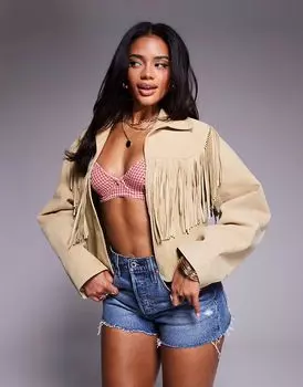 Куртка из натуральной замши ASOS DESIGN с бахромой цвета пахты