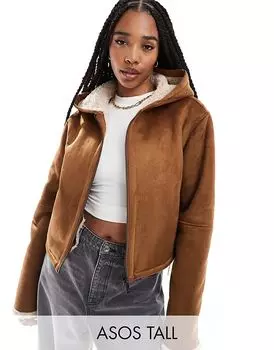 Куртка из овчины с капюшоном в коричневом цвете ASOS