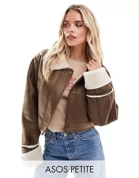 Куртка из овчины с верхним воротником цвета лесной орех ASOS