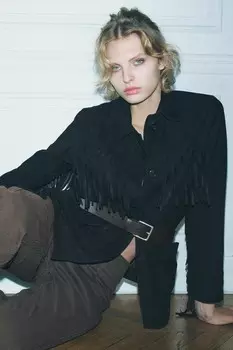 Куртка из замши с бахромой ZARA, черный